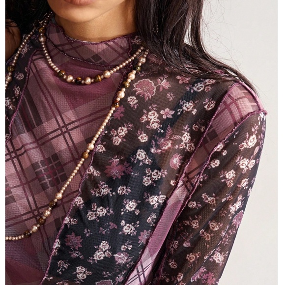 Boho Floral Plaid Print Reverse Stitch Long Sleeve Semi Sheer Top - Picture 3 of 6